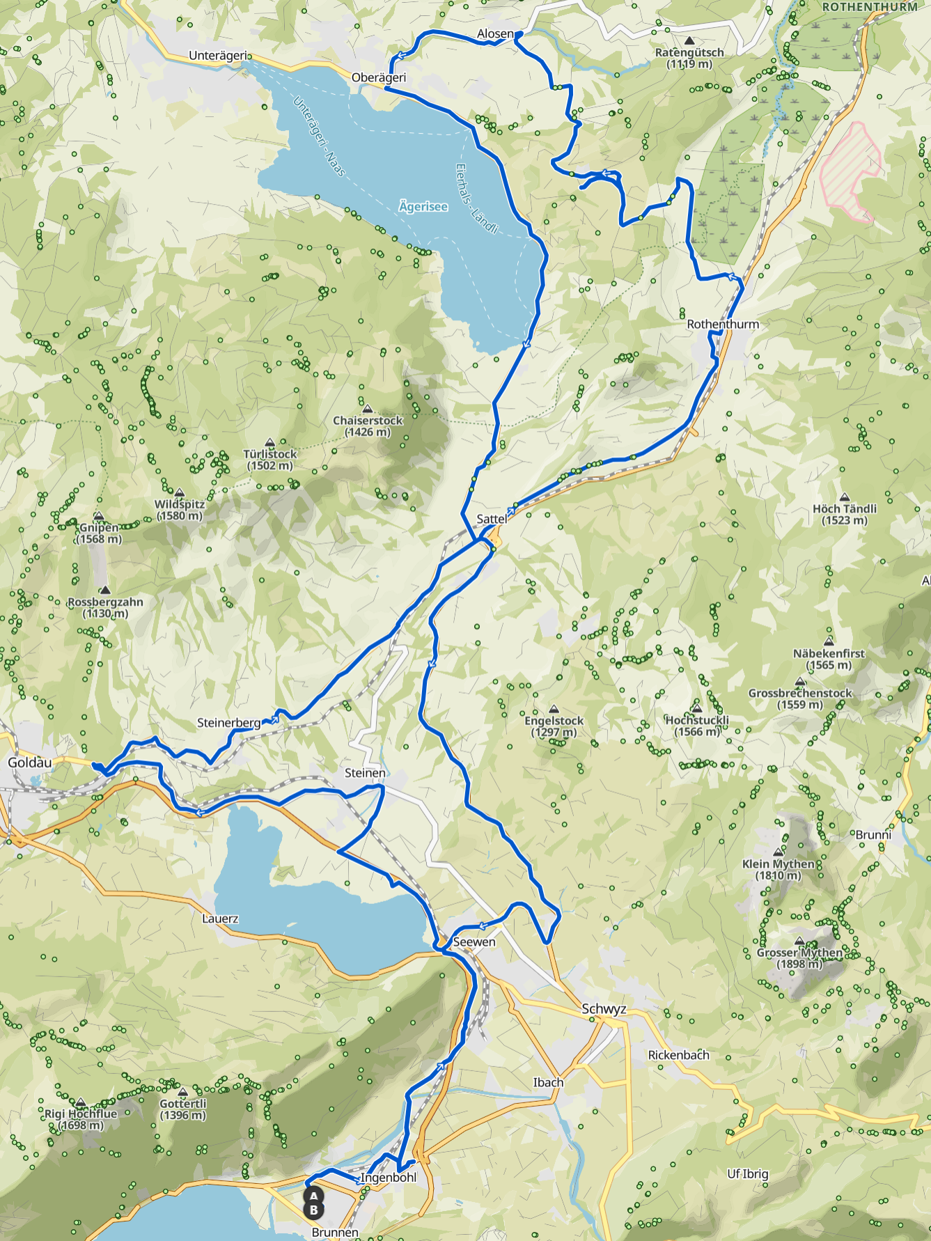 Karte der Rennradtour Brunnen–Rothenthurm–Alosen–Oberägeri–Brunnen, Zentralschweiz (Komoot)