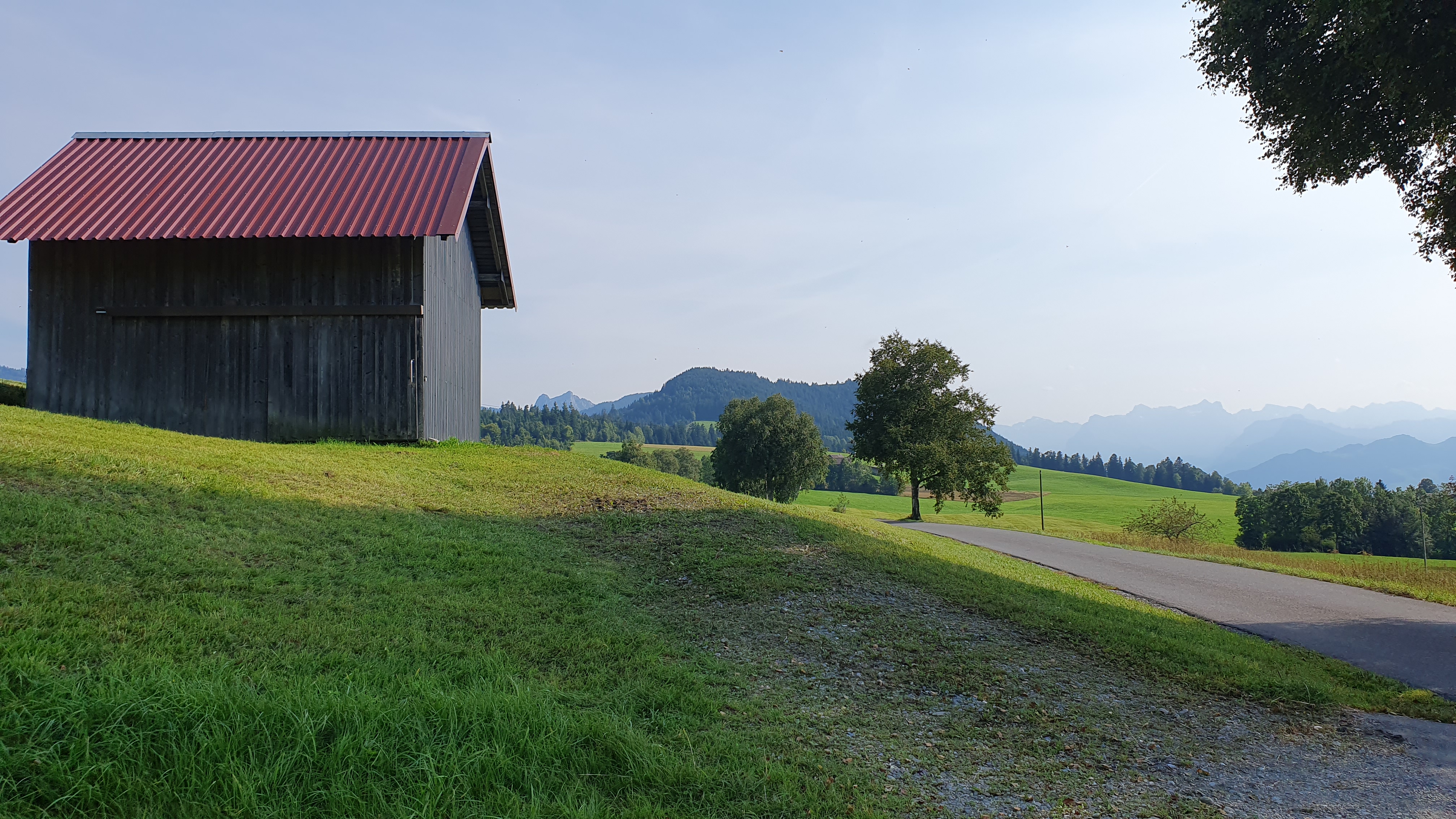 Aussicht vom Pausenplatz auf Hügel und Berge über dem Ägerisee – goldenes Spätnachmittagslicht