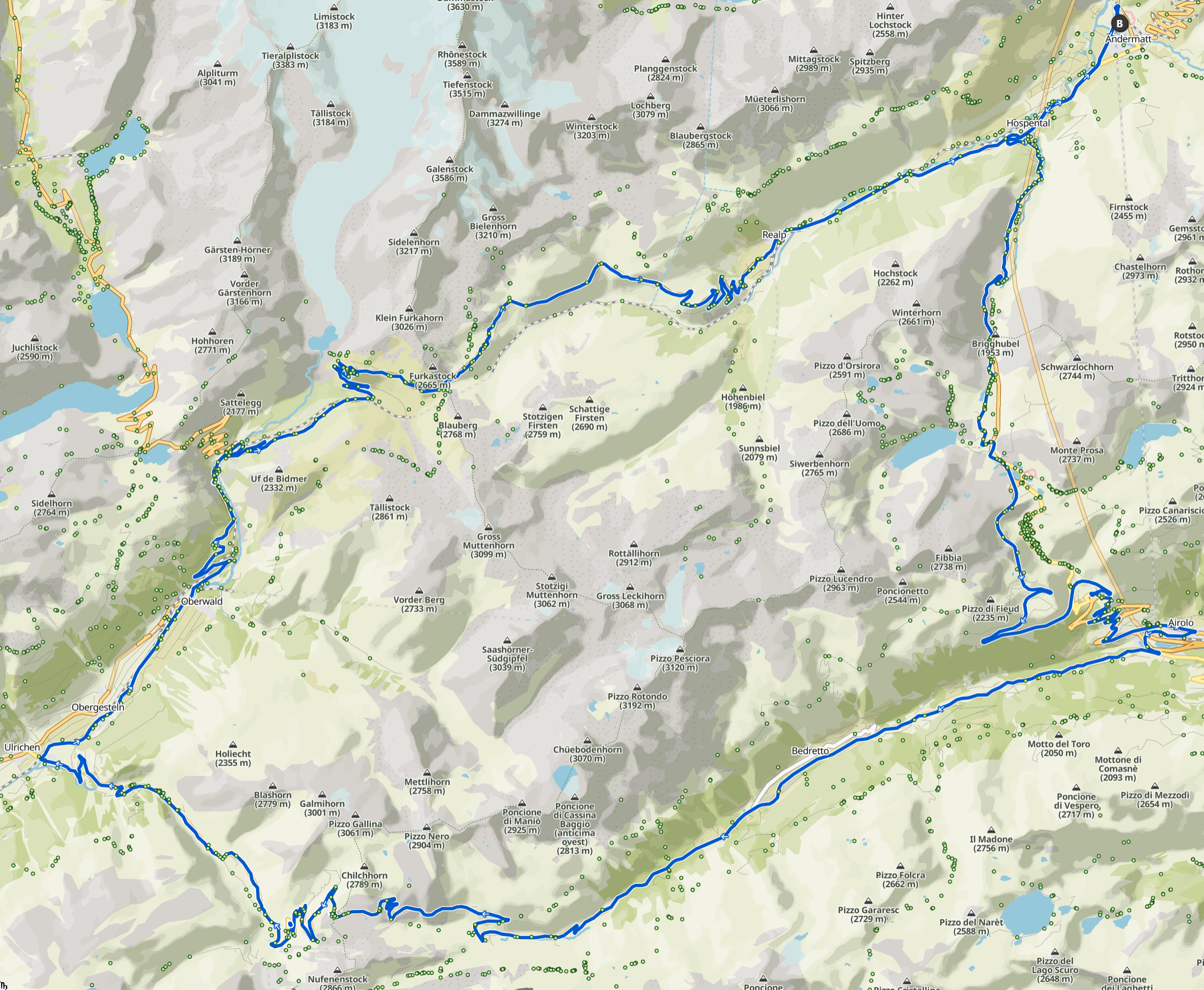 Andermatt – Silbertour-Karte – Routenüberblick Gotthard/Nufenen/Furka