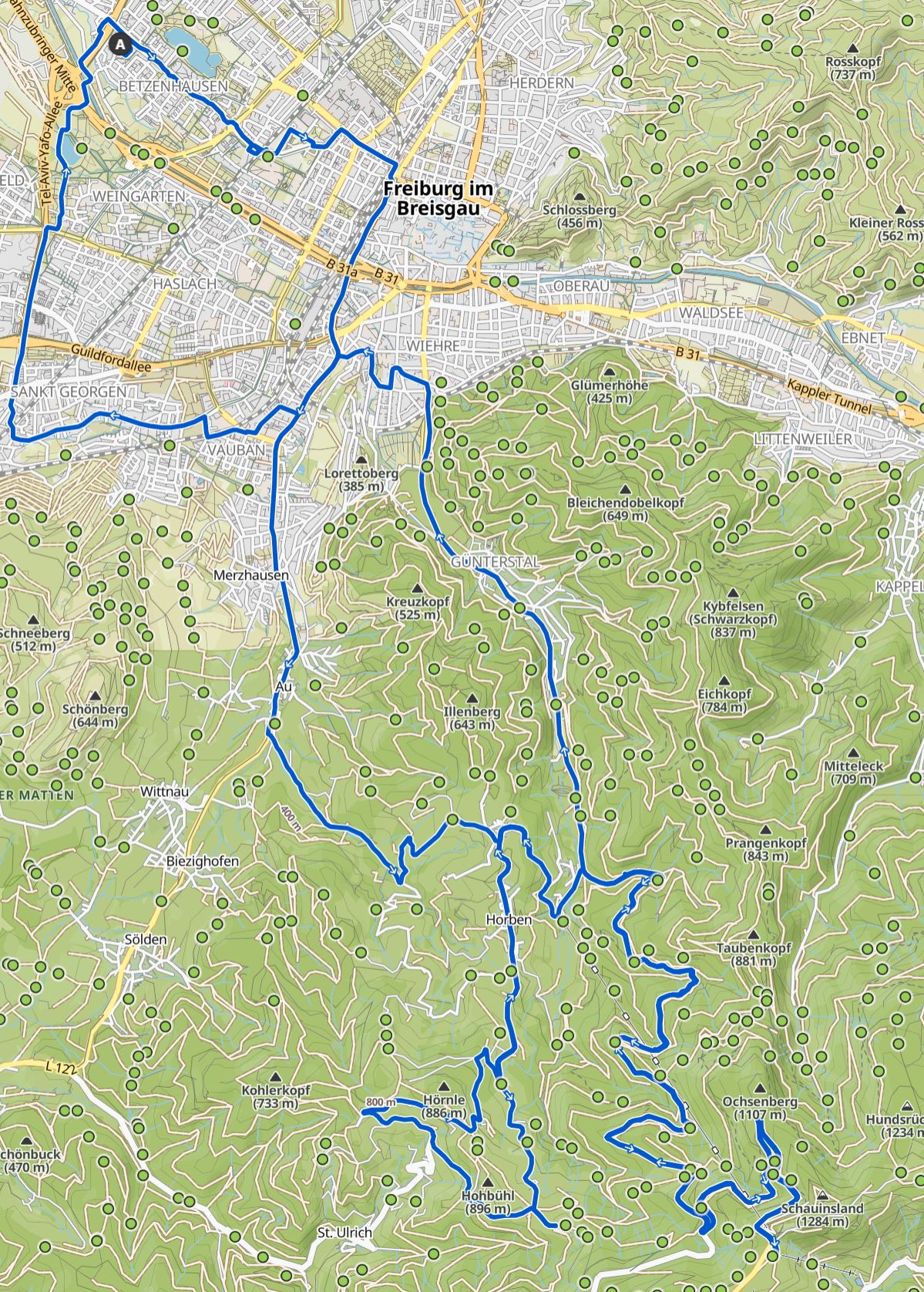 Karte mit der Tourenübersicht Freiburg-Eduardshöhe-Schauinsland