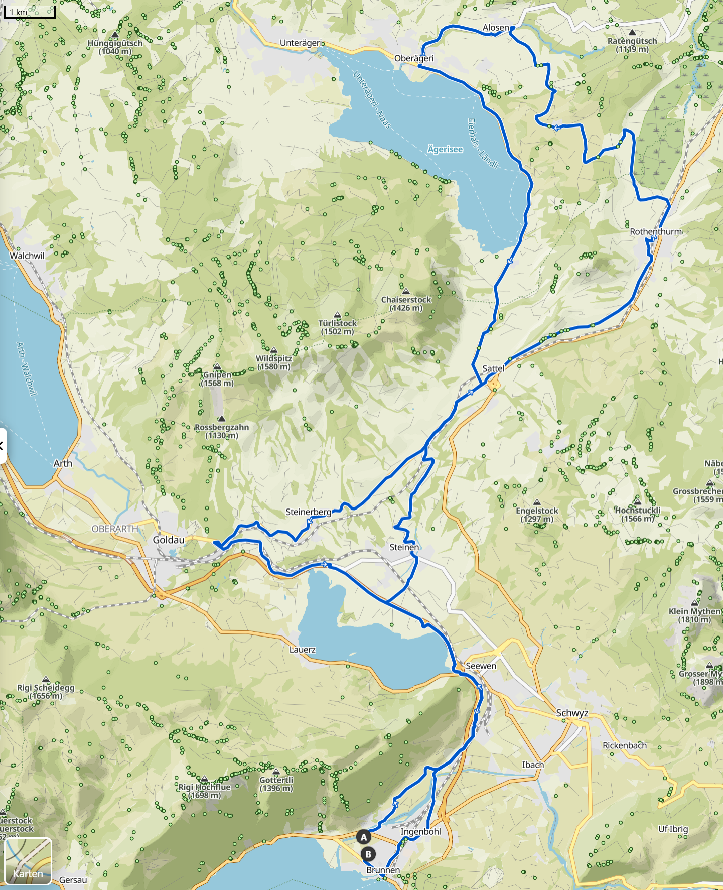 Routenüberblick Rennradtour Brunnen – Rothenthurm – Alosen – Ägerisee – Brunnen, Zentralschweiz