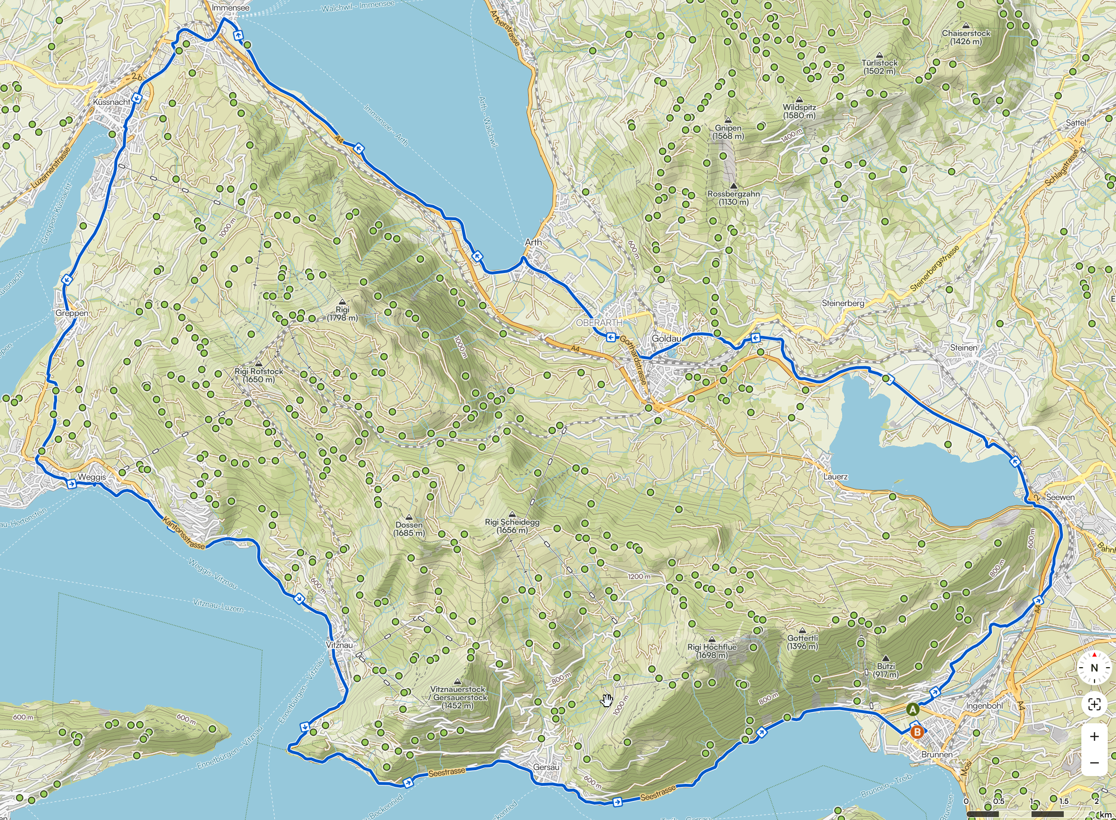 Routenüberblick Rennradtour Weggisrunde – Karte der Zentralschweiz mit Brunnen, Lauerzersee, Zugersee, Weggis und Rückweg am Vierwaldstättersee